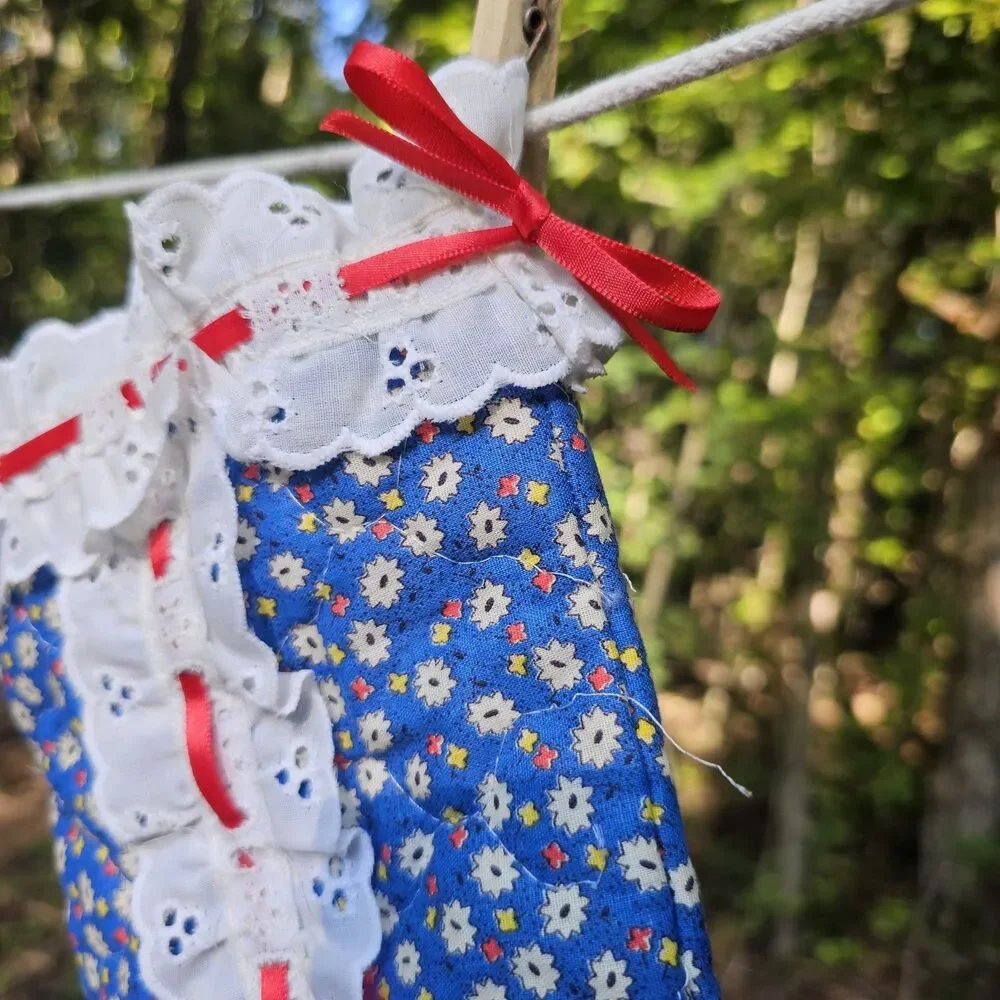 Vintage Quilted Blue Floral Christmas Stocking with Lace & Ribbon Accents